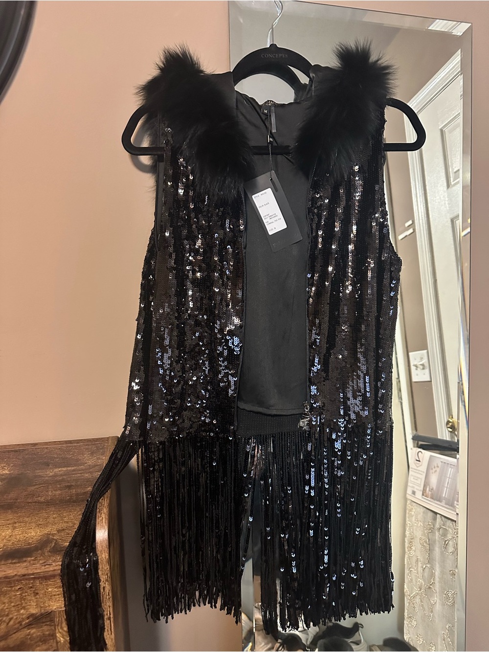 Alberto Makali Black Sequin Fringe Vest with Faux Fur Trim